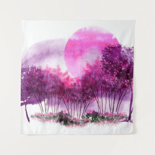 pink, purple silhouette of trees against the backg tapestry