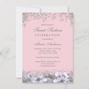Pink Purple Silver Glitter Sweet 16 Invite
