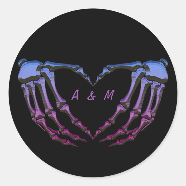 Pink Purple Skeleton Gothic Hands Love Heart Shape Classic Round Sticker (Front)