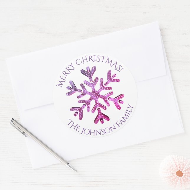Pink Purple Snowflake Elegant Modern Christmas Classic Round Sticker (Envelope)
