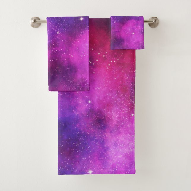 Pink & Purple Space & Stars Faux Galaxy Bath Towel Set (Insitu)