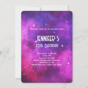 Pink & Purple Space & Stars Faux Galaxy Birthday Invitation