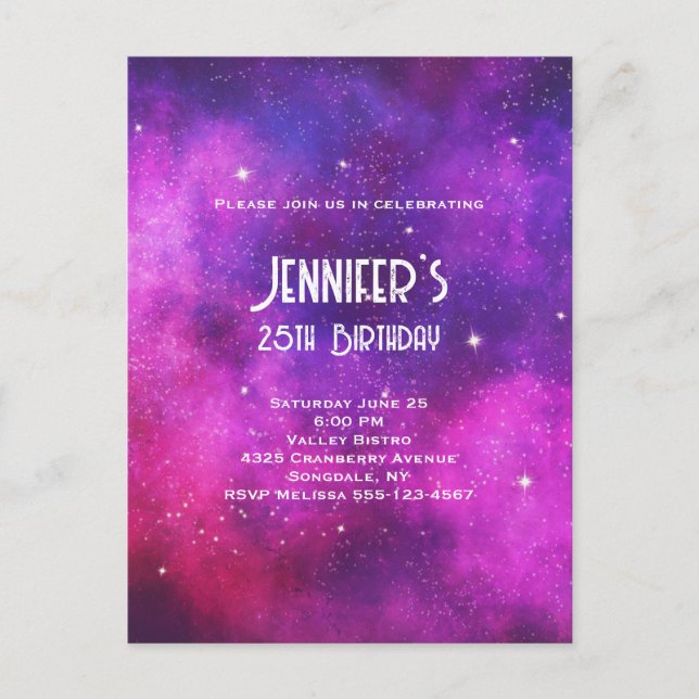 Pink & Purple Space & Stars Faux Galaxy Birthday Invitation Postcard (Front)