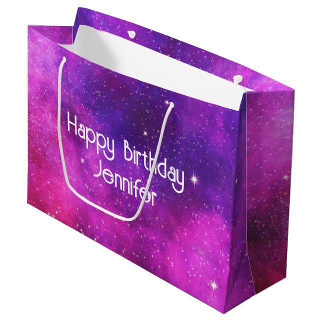 Pink & Purple Space & Stars Faux Galaxy Birthday Large Gift Bag (Front Angled)