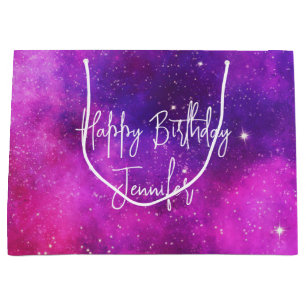Pink & Purple Space & Stars Faux Galaxy Birthday Large Gift Bag