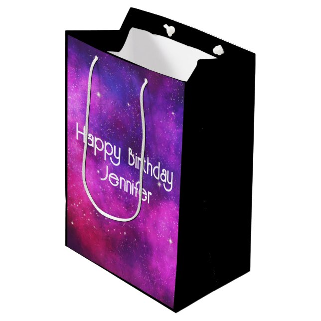 Pink & Purple Space & Stars Faux Galaxy Birthday Medium Gift Bag (Front Angled)