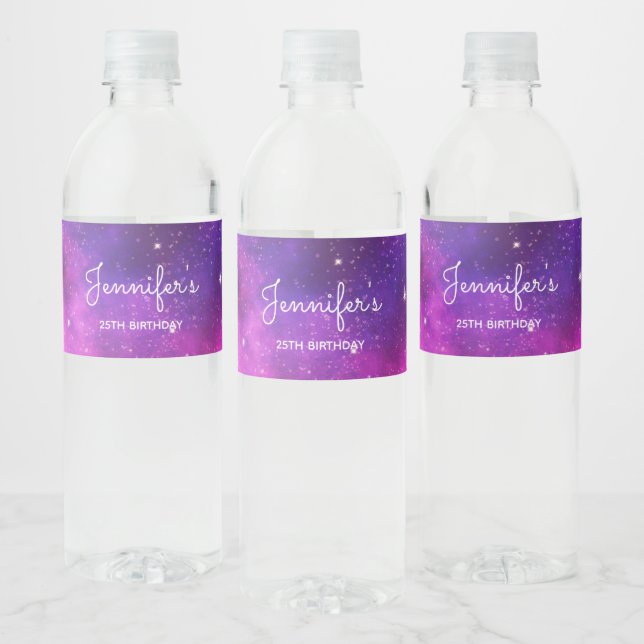 Pink & Purple Space & Stars Faux Galaxy Birthday Water Bottle Label (Bottles)
