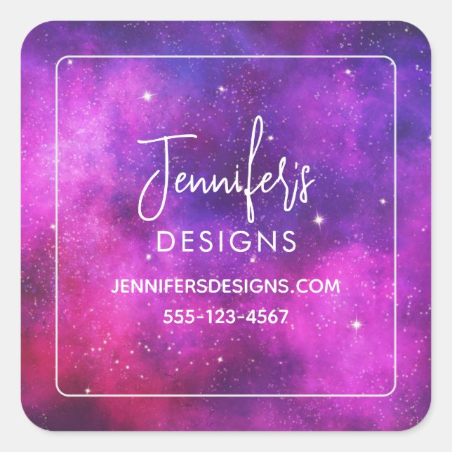 Pink & Purple Space & Stars Faux Galaxy Business Square Sticker (Front)