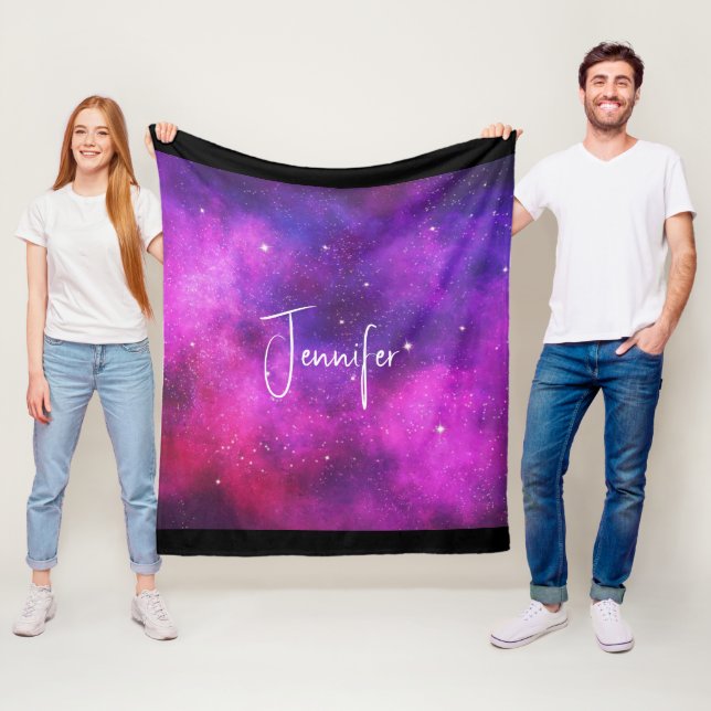 Pink & Purple Space & Stars Faux Galaxy Fleece Blanket (In Situ)