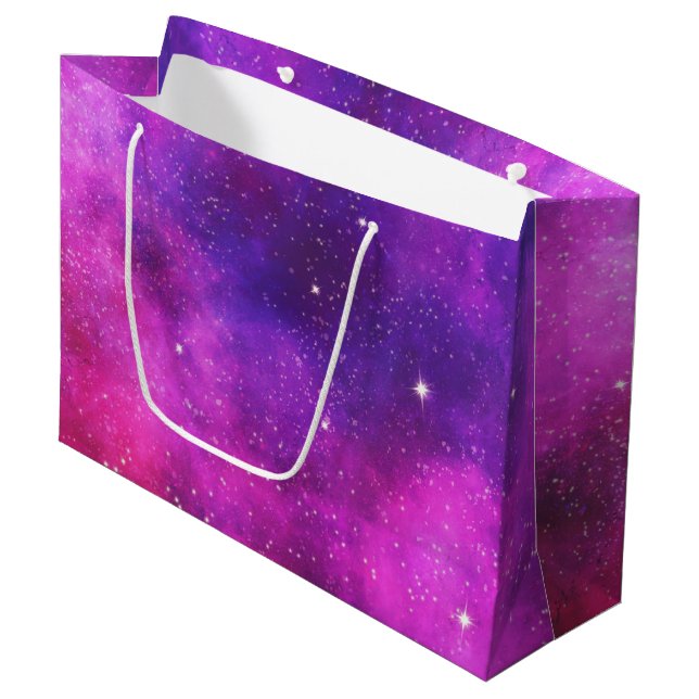 Pink & Purple Space & Stars Faux Galaxy Large Gift Bag (Front Angled)