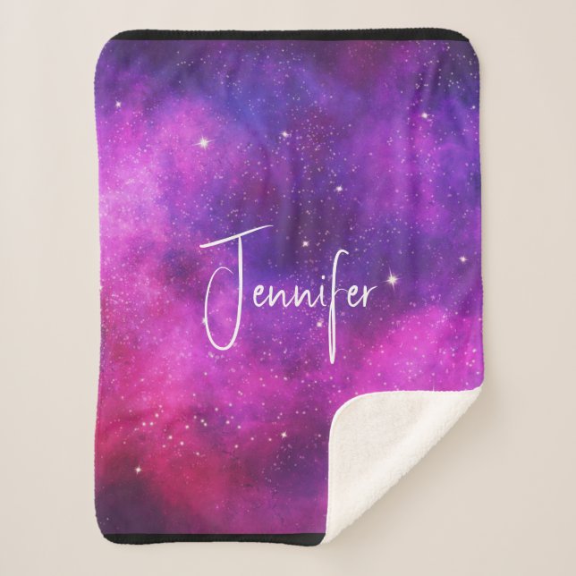 Pink & Purple Space & Stars Faux Galaxy Sherpa Blanket (Front)