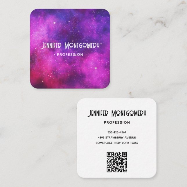 Pink & Purple Space & Stars Faux Galaxy Square Business Card (Front/Back)