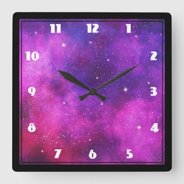 Pink & Purple Space & Stars Faux Galaxy Square Wall Clock (Front)