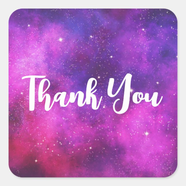 Pink & Purple Space & Stars Faux Galaxy Thank You Square Sticker (Front)
