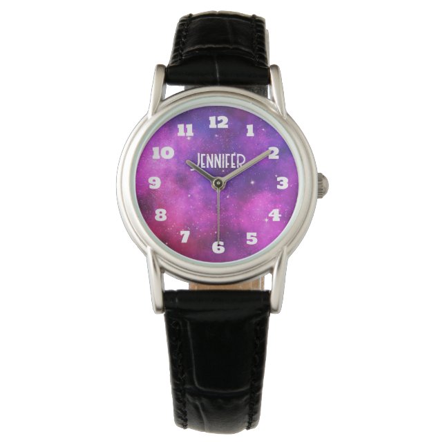 Pink & Purple Space & Stars Faux Galaxy Watch (Front)