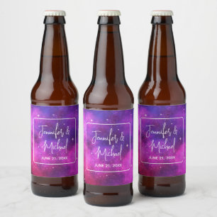Pink & Purple Space & Stars Faux Galaxy Wedding Beer Bottle Label