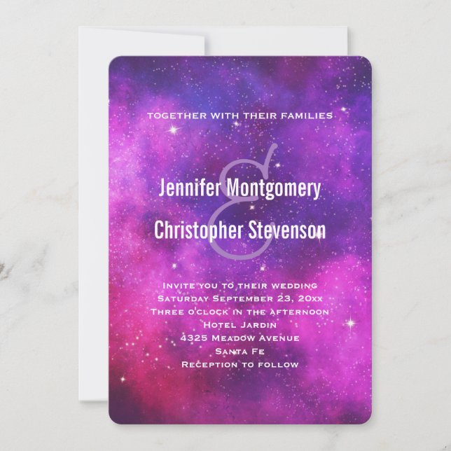Pink & Purple Space & Stars Faux Galaxy Wedding Invitation (Front)