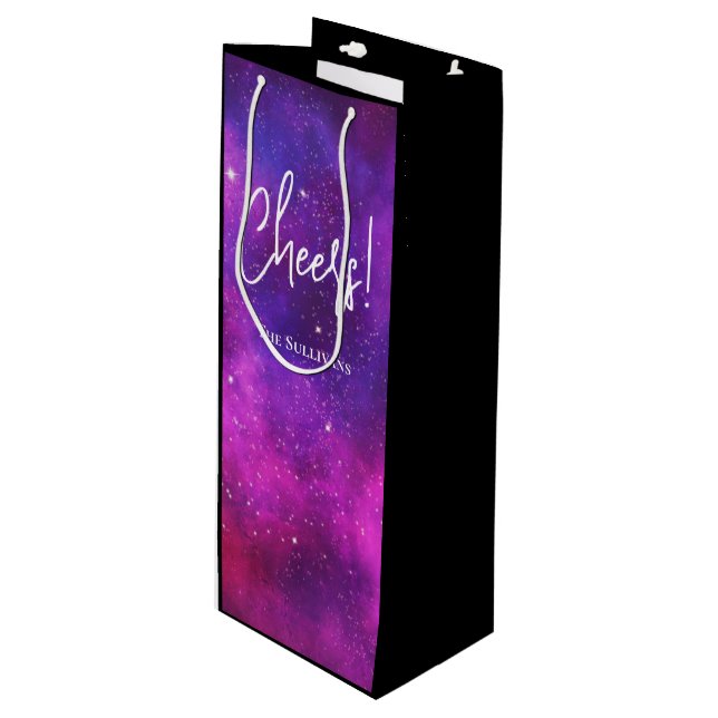 Pink & Purple Space & Stars Faux Galaxy Wine Wine Gift Bag (Front Angled)