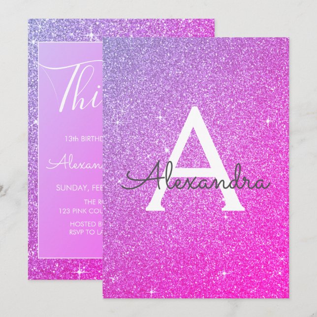 Pink Purple Sparkle Glitter 13th Thirteen Birthday Invitation (Front/Back)