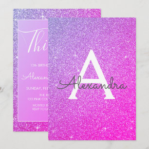 Pink Purple Sparkle Glitter 13th Thirteen Birthday Invitation