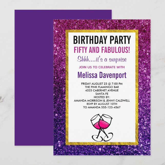 Pink & Purple Sparkle Glitter 50th Birthday Party Invitation (Front/Back)