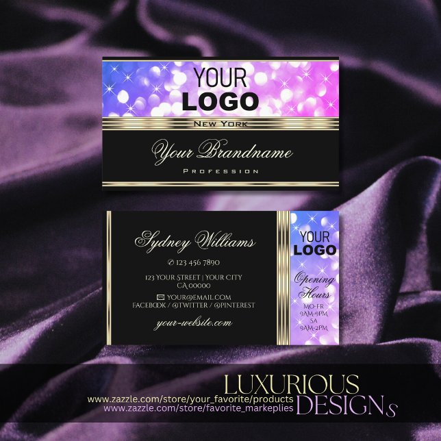 Pink Purple Sparkle Glitter add Logo Black Gold Business Card (Creator Uploaded)