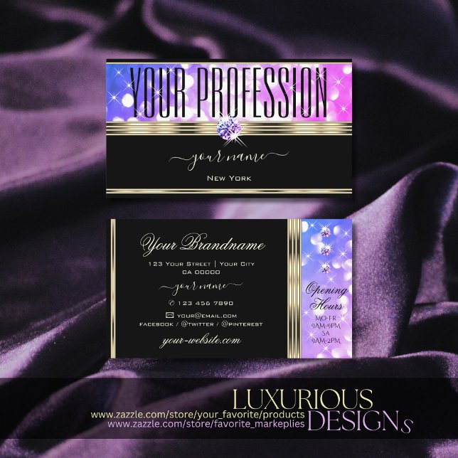 Pink Purple Sparkle Glitter Black and Gold Ornate Business Card (Creator Uploaded)
