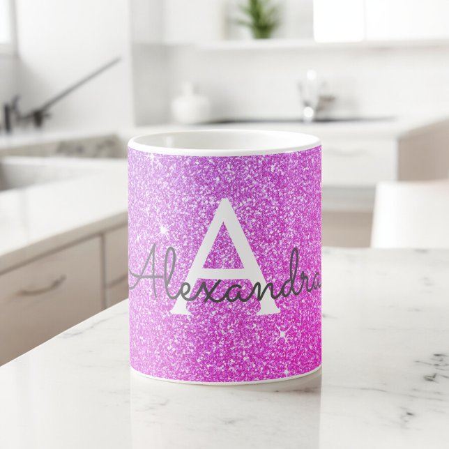 Pink Purple Sparkle Glitter Monogram Name Initial Coffee Mug (Creator Uploaded)