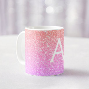 Pink Purple Sparkle Glitter Monogram Name Initial Coffee Mug