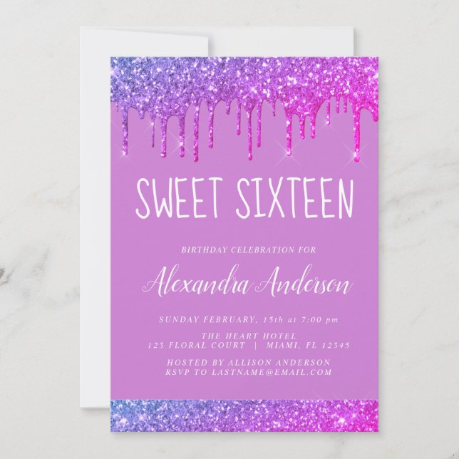 Pink Purple Sparkle Glitter Sweet Sixteen Birthday Invitation (Front)