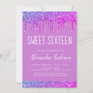 Pink Purple Sparkle Glitter Sweet Sixteen Birthday Invitation