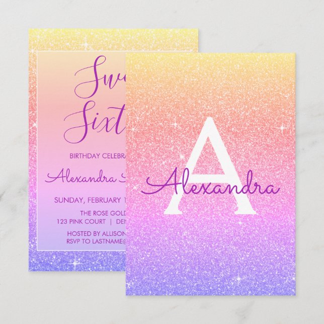 Pink Purple Sparkle Glitter Sweet Sixteen Birthday Invitation (Front/Back)