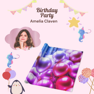 Pink & Purple Sparkling Balloon, Birthday Party Wrapping Paper