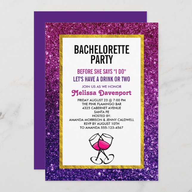 Pink & Purple Sparkling Glitter Bachelorette Party Invitation (Front/Back)