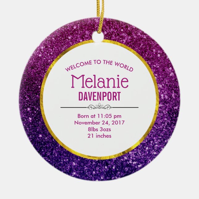 Pink & Purple Sparkling Glitter Gemstones Birth Ceramic Tree Decoration (Front)