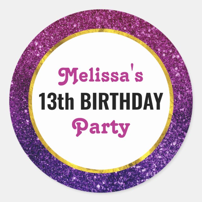 Pink & Purple Sparkling Glitter Gemstones Birthday Classic Round Sticker (Front)