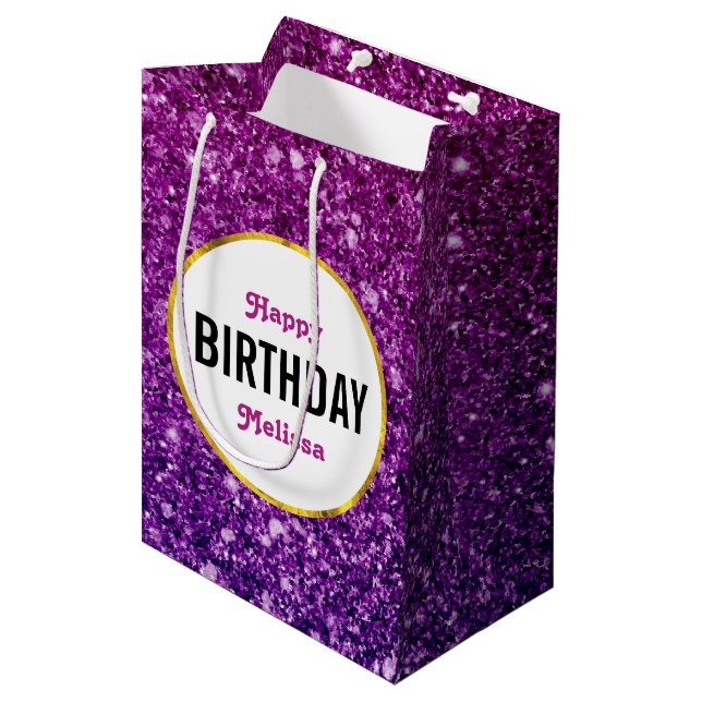 Pink & Purple Sparkling Glitter Gemstones Birthday Medium Gift Bag (Front Angled)