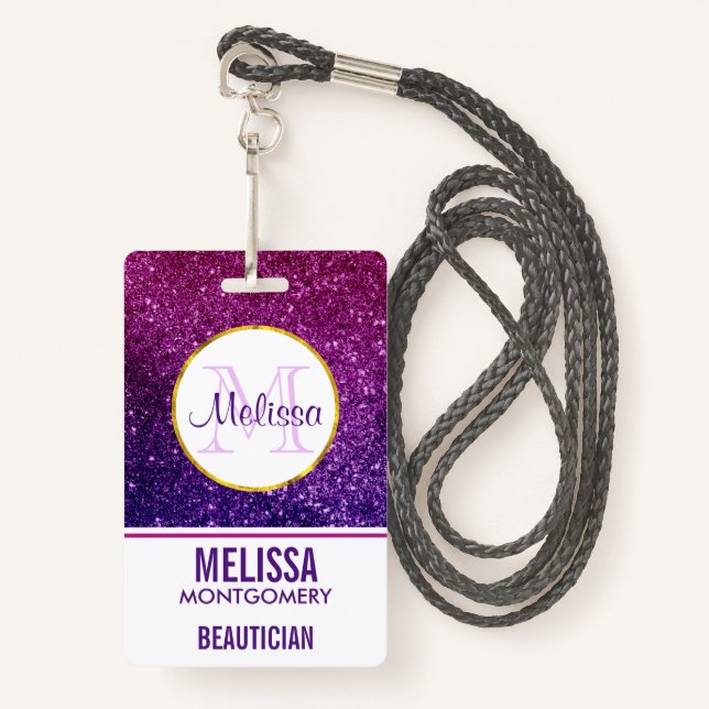 Pink & Purple Sparkling Glitter Gemstones ID Badge (Front with Lanyard)
