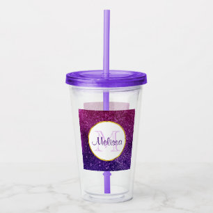 Pink & Purple Sparkling Glitter Gemstones Monogram Acrylic Tumbler
