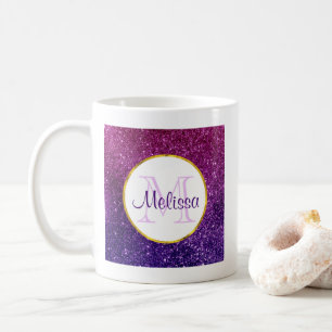Pink & Purple Sparkling Glitter Gemstones Monogram Coffee Mug