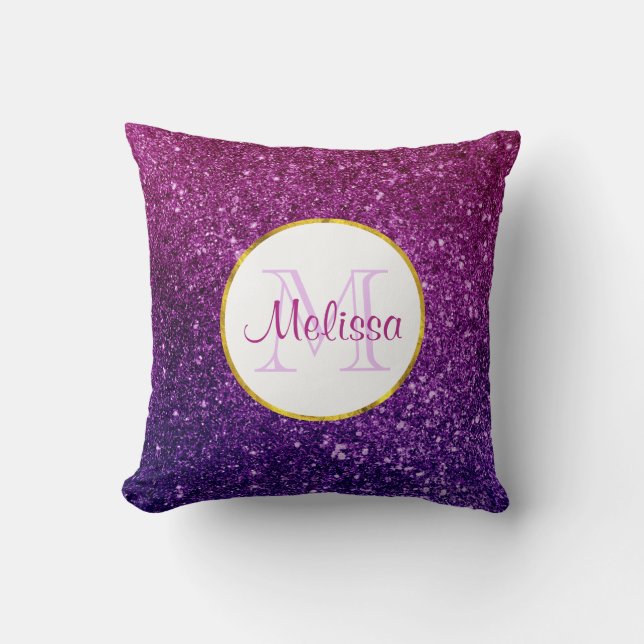 Pink & Purple Sparkling Glitter Gemstones Monogram Cushion (Front)