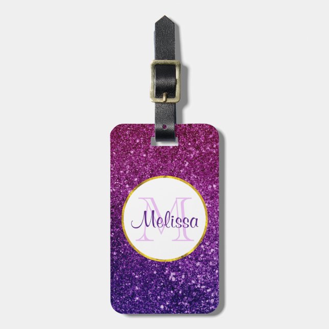 Pink & Purple Sparkling Glitter Gemstones Monogram Luggage Tag (Front Vertical)