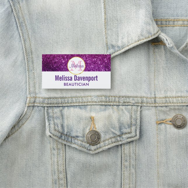 Pink & Purple Sparkling Glitter Gemstones Monogram Name Tag (In Situ)