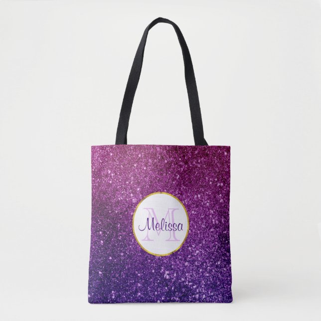 Pink & Purple Sparkling Glitter Gemstones Monogram Tote Bag (Front)