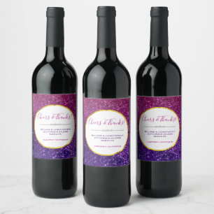 Pink & Purple Sparkling Glitter Gemstones Wedding Wine Label