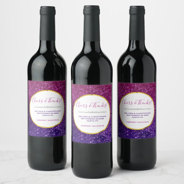 Pink & Purple Sparkling Glitter Gemstones Wedding Wine Label (Bottles)