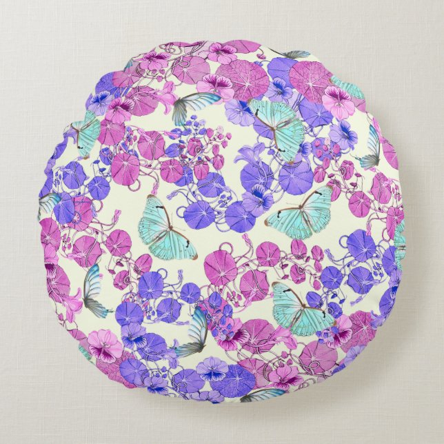 Pink & Purple Spiral Flowers Round Pillow (Front)