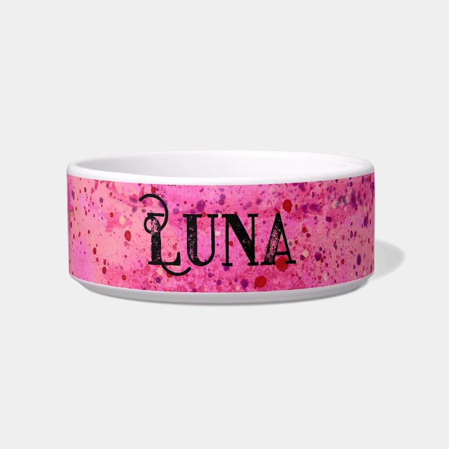 Pink Purple Splatter Abstract Ceramic Pet Bowl (Front)