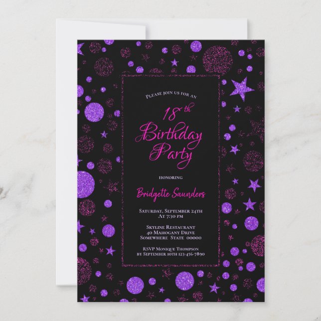 Pink Purple Stars and Spots Black 18th Birthday Invitation (Front)
