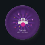 Pink Purple Stars Bowling Birthday Party Paper Plate<br><div class="desc">Editable bowling birthday party paper plates featuring bowling pins,  a ball and pink,  purple and yellow stars. Perfect for kids,  boys and girls,  who loves the fun of bowling. Customise them with your child's name and age.</div>